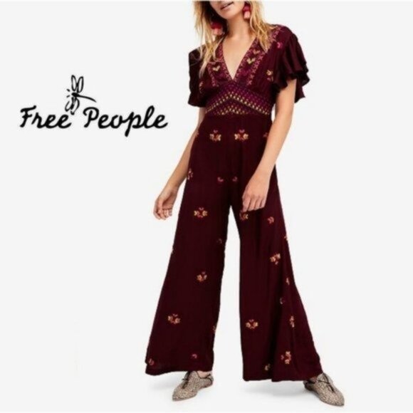 FREE PEOPLE Purple Cleo Embroidered Jumpsuit - Picture 1 of 10